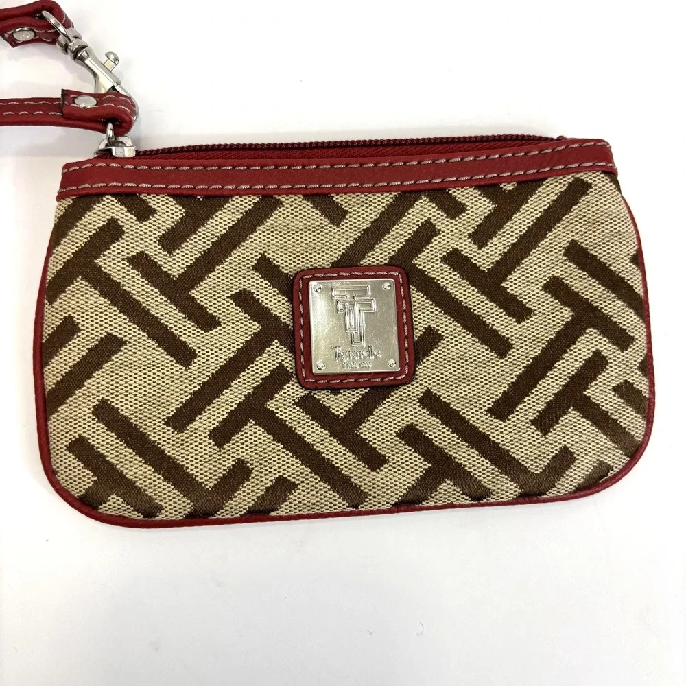 Tignanello Logo Wristlet Clutch‎ Bag Small Brown Red Trim Canvas Zip Top